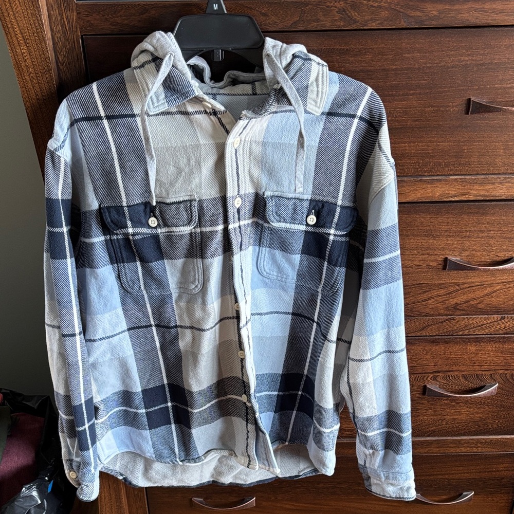 AE hooded plaid shacket